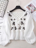 Women's White Cotton Embroidered Tunic Top, V-Neck, 3/4 Sleeve with Lace Trim, Bohemian Style, Casual Wear
