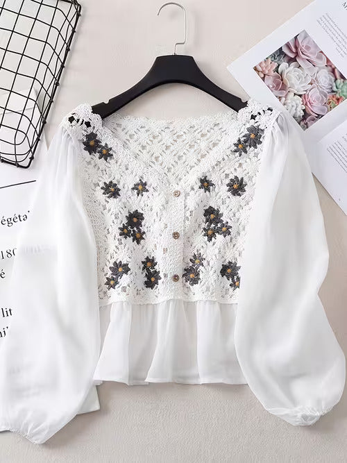 Women's White Cotton Embroidered Tunic Top, V-Neck, 3/4 Sleeve with Lace Trim, Bohemian Style, Casual Wear
