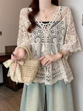 Womens Lace Top | Elegant V-Neck Long Sleeve Sheer Floral Pattern Blouse with Bow & Button Detail | Stylish for Office, Party & Casual Outfits