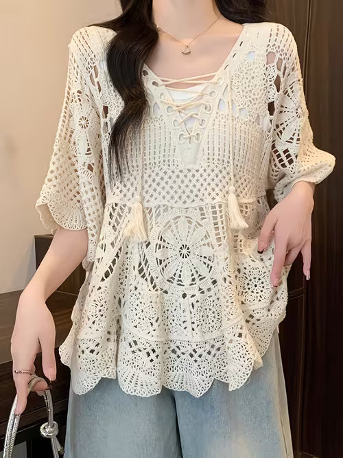 Women Handmade Crochet Floral Patchwork Long-Sleeve