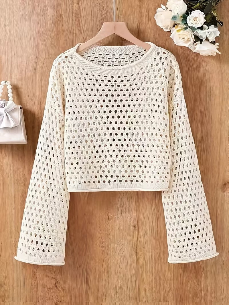 Women's Elegant Semi-Sheer Crochet Sweater - Drop Shoulder Loose Fit Crop Top with Ruffled Edges, Classic Sweater for Ladies, Seasonal Fashion, Offshoulder Design, Crochet Texture ( CR-18 )