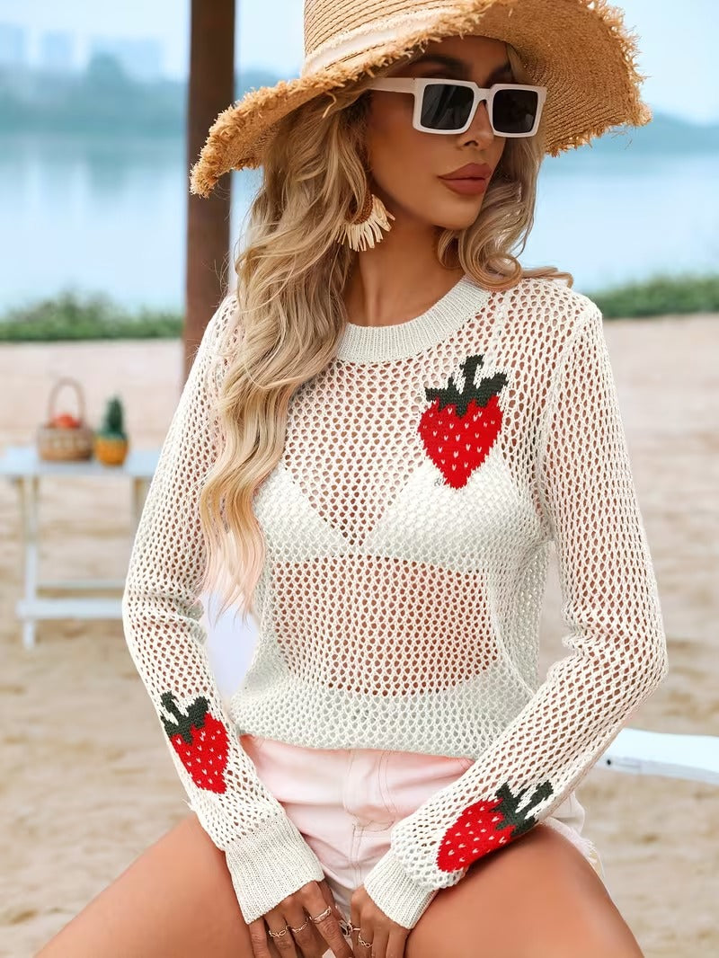 Women's Elegant Strawberry & Leaf Cut-Out Sweater - 100% Acrylic Semi-Sheer Round Neck Long Sleeve Top, Lightweight Stretchy Spring Summer Fall Casual Chic Pullover ( CR-27)