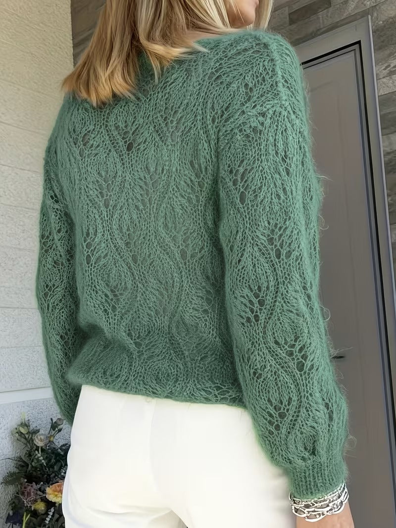 Women'S Solid Color Sweater, Elegant Crew Neck, Soft and Comfortable, Lace Cut-Out Bohemian Style, Casual Everyday Wear, Versatile Autumn Winter OOTD Pullover for Women( CR-9 )