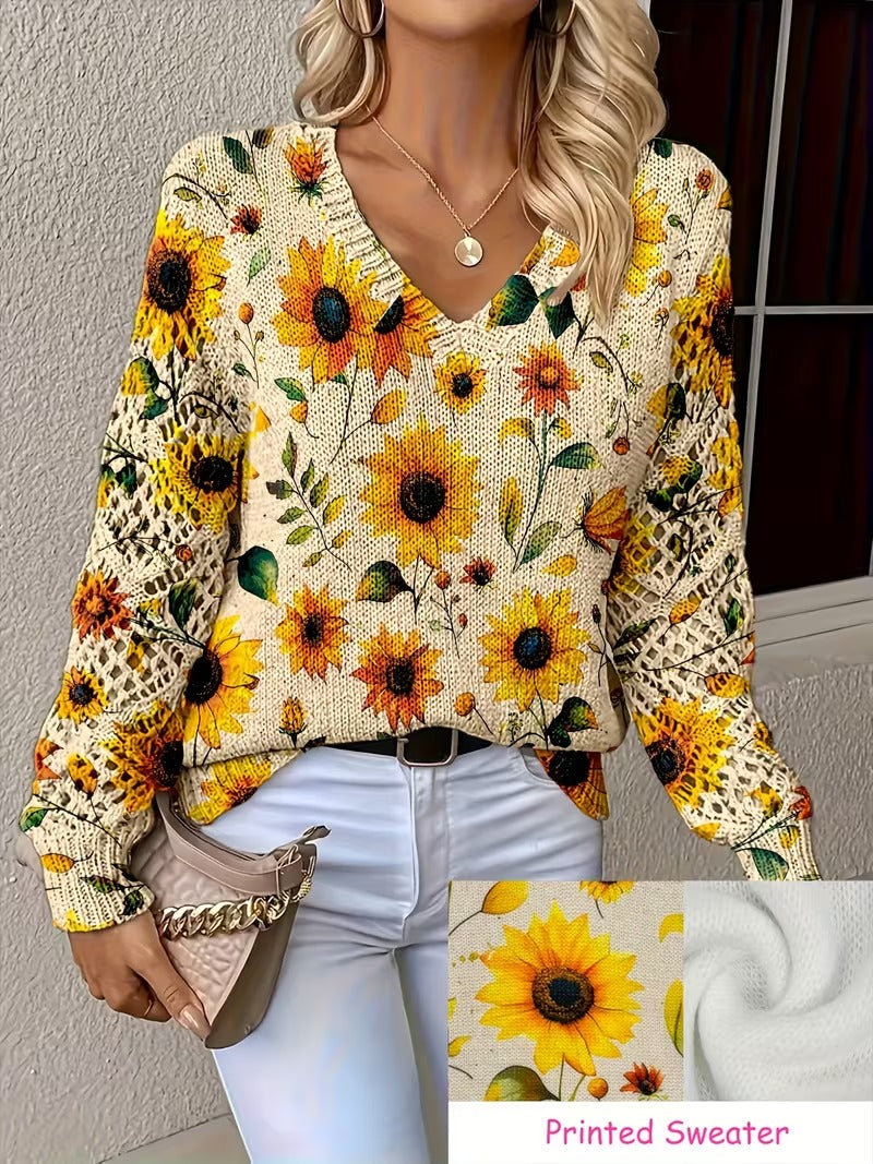 Vintage Sunflower Floral Printed Sweater | Casual V-neck Hollow Long Sleeve Loose Women'S Pullover for Spring/Fall( CR-8 )