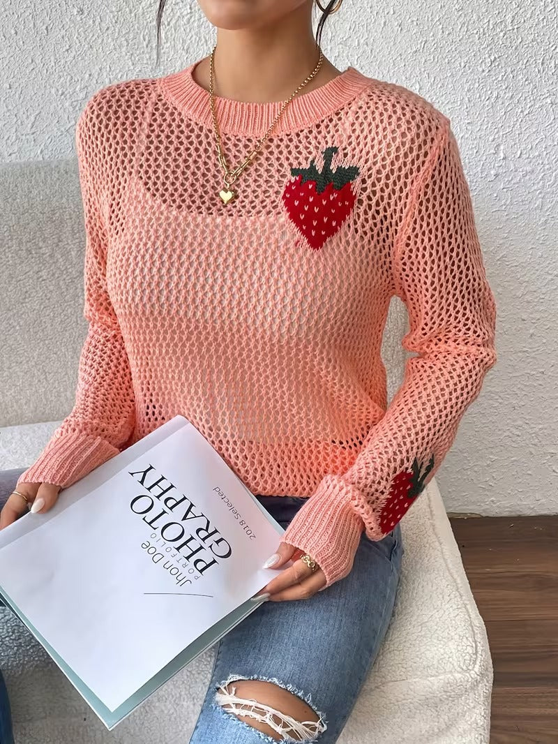 Women's Elegant Strawberry & Leaf Cut-Out Sweater - 100% Acrylic Semi-Sheer Round Neck Long Sleeve Top, Lightweight Stretchy Spring Summer Fall Casual Chic Pullover ( CR-26)