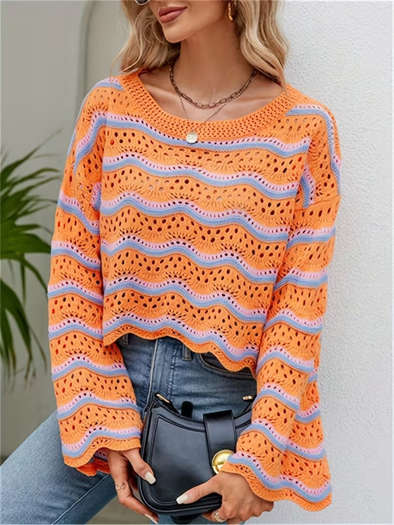 Plus Size, Plus-size Spring/autumn Casual Color-blocked Wave-pattern Flared Sleeve Cropped Sweater ( CR-45)