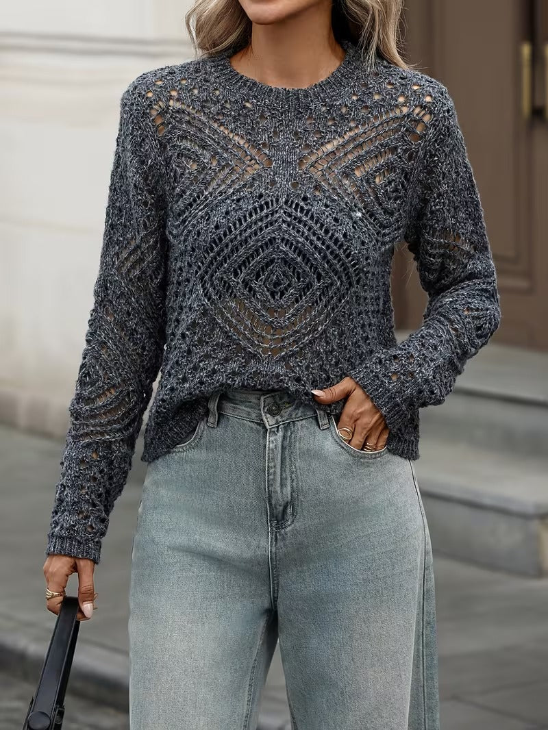 Women's Hollow-Out Pullover Sweater, Casual Elegant Cardigan, Crochet Bohemian Long Sleeve Lightweight Pullover Sweater ( CR-55)