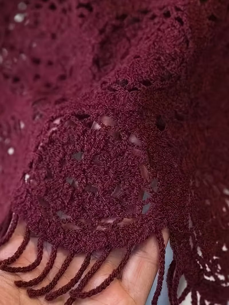 Women'S Elegant French-Inspired Lace-like Crochet Sweater - Long Sleeve Round Neck Blouse with Fringe Hem, Solid Color All-Season Layering Top for Casual & Formal( CR-12 )