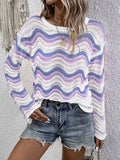 Striped Drop Shoulder Crew Neck Sweater, Elegant Eyelet Long Sleeve Sweater For Fall & Winter, Women's Clothing ( CR-42)