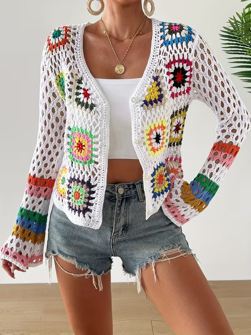 Handmade Boho Vintage Rainbow Color Semi-Sheer Sweater Jacket - Open Front Collar, Hollow Top for Spring/Fall Resort Wear, Boho-Chic Geometric Rainbow Colors( CR-44)