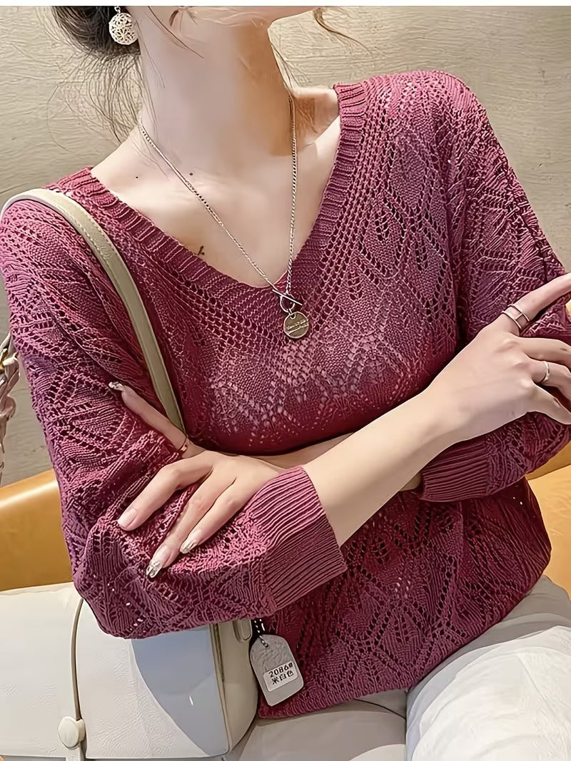 Long Sleeve Thin Batwing V-Neck Crochet Lace Women's Loose Fit Top( CR-7 )