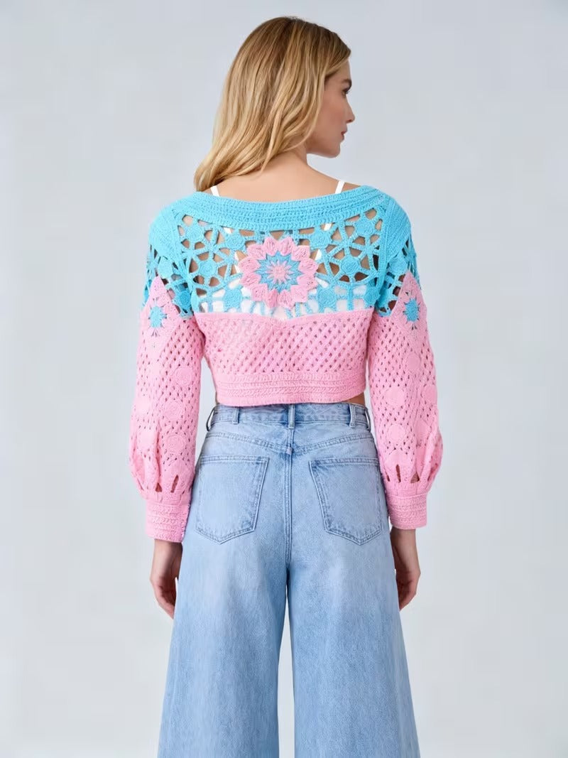 Women'S Bohemian Crochet Long Sleeve Top - Pastel Pink & Blue Floral Blouse with 3D Crochet Sleeve Trim, Round Neck Casual Streetwear Shirt for Spring/Fall( CR-16 )