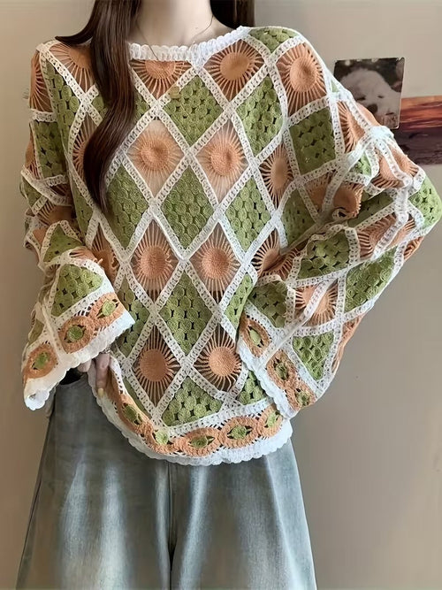 Dopamine Rhombus Crochet Hollow Sweater for Women, Bohemian Style Top Outerwear Cover-Up ( CR-2 )