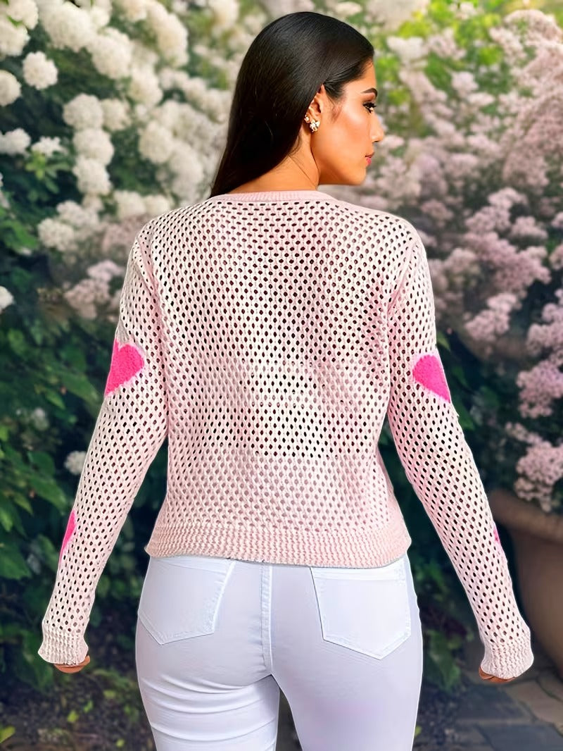 Women'S V-Neck Cardigan with Heart Pattern - Casual Vacation Style Hollow Knit Long Sleeve Top, Polyester 100% T-Shaped Short Length Spring/Fall Outerwear ( CR-29)