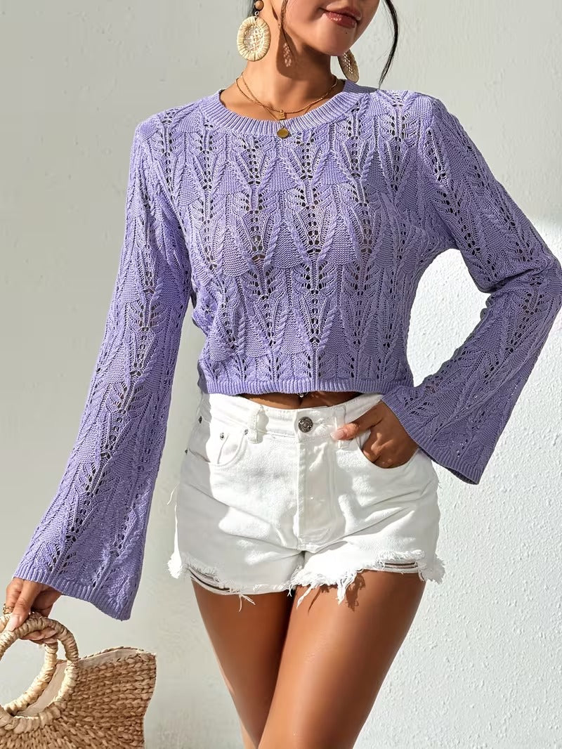 Women's Elegant Lace-Up Top, Solid Color Bell Sleeve Crew Neck, Ribbed Texture Button Detail, Perfect for Spring/Summer, Versatile Casual & Formal Wear, Light Purple( CR-11 )