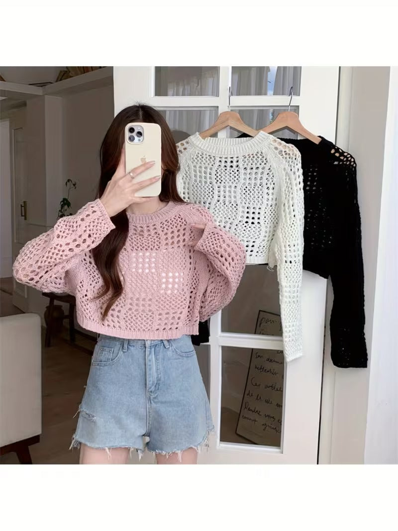 Elegant Pink Crochet Knit Sweater for Women - Long Sleeve, Hollow Out Design, Crew Neck, Perfect for Spring/Summer ( CR-30)