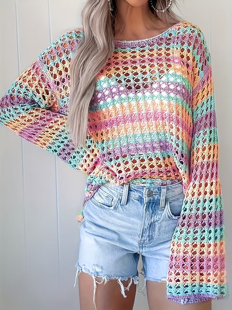 Plus Size Women's Elegant Crochet Pullover - Semi-Sheer Lace Sleeve Round Neck Sweater, Soft Pastel Spring Summer Fashion Top for Casual & Dressy Outfits, Crochet Sweater, Semitransparent Fabric ( CR-22 )