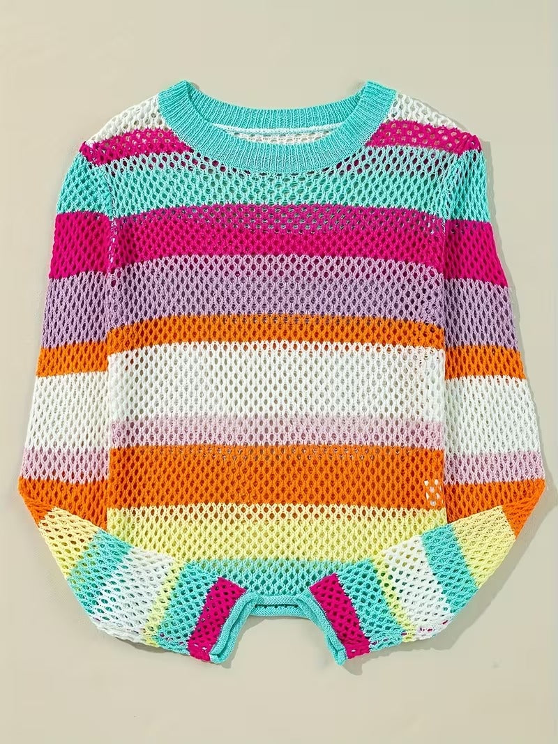 Women's Elegant Striped Semi-Sheer Lace Sweater - Multi-Color Round Neck Pullover, Machine Washable All-Season Top for Casual & Formal Wear, Sweater, Elegant Craftsmanship ( CR-21 )