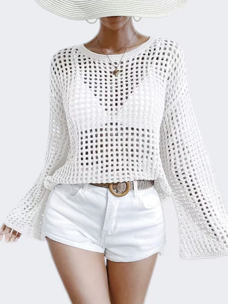 Elegant Hollow-Out Semi-Sheer Full-Sleeve Minimalist Top ( CR-19 )