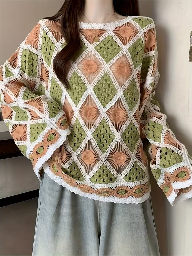 Dopamine Rhombus Crochet Hollow Sweater for Women, Bohemian Style Top Outerwear Cover-Up ( CR-2 )