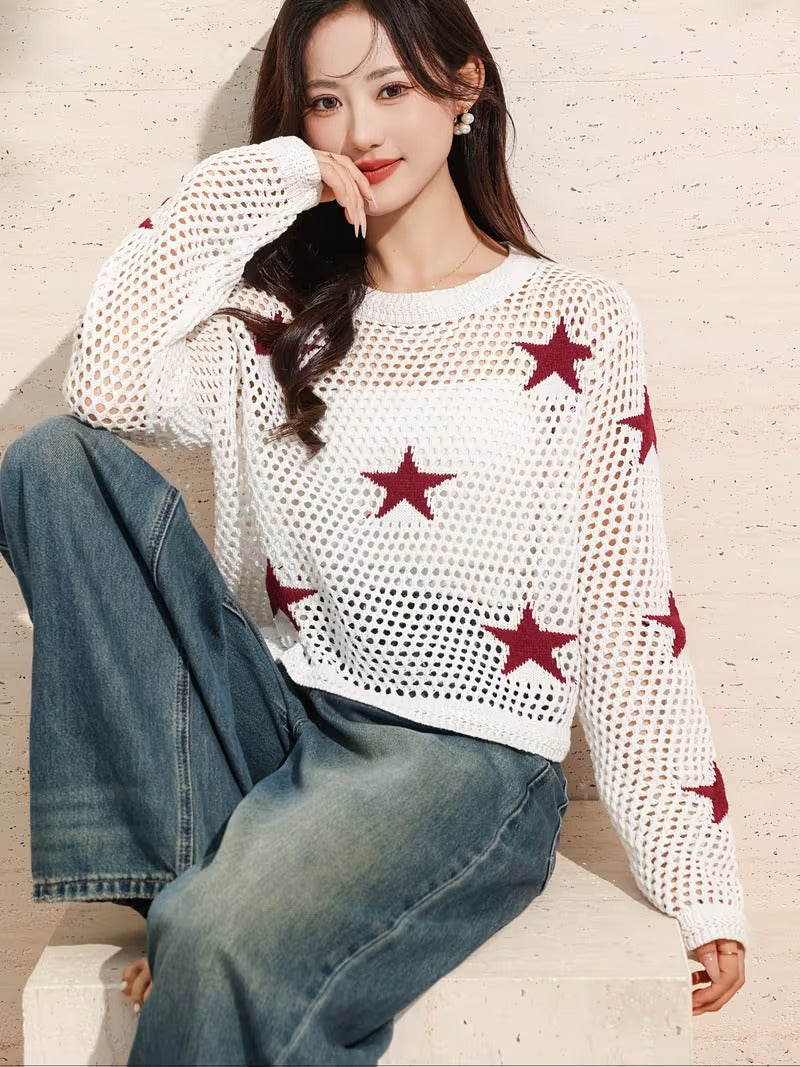 Women's Elegant Semi-Sheer Crochet Sweater - Drop Shoulder Loose Fit Crop Top with Ruffled Edges, Classic Sweater for Ladies, Seasonal Fashion, Offshoulder Design, Crochet Texture ( CR-17 )