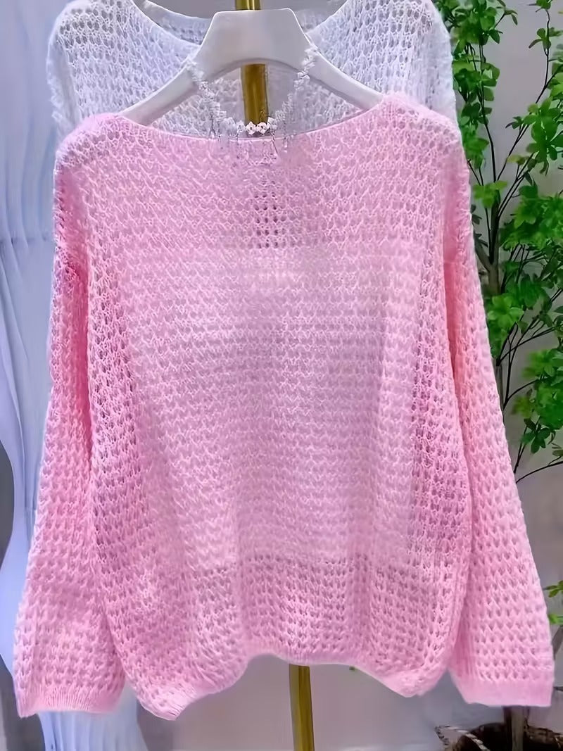 Women'S Chic Yellow Crochet Off-Shoulder Top with Long Sleeves - Lightweight Summer Blouse, Round Neck, Openwork Design, Perfect for Casual or Stylish Outfits, Casual Chic Wear | Offshoulder Fashion | Crochet Texture ( CR-24)