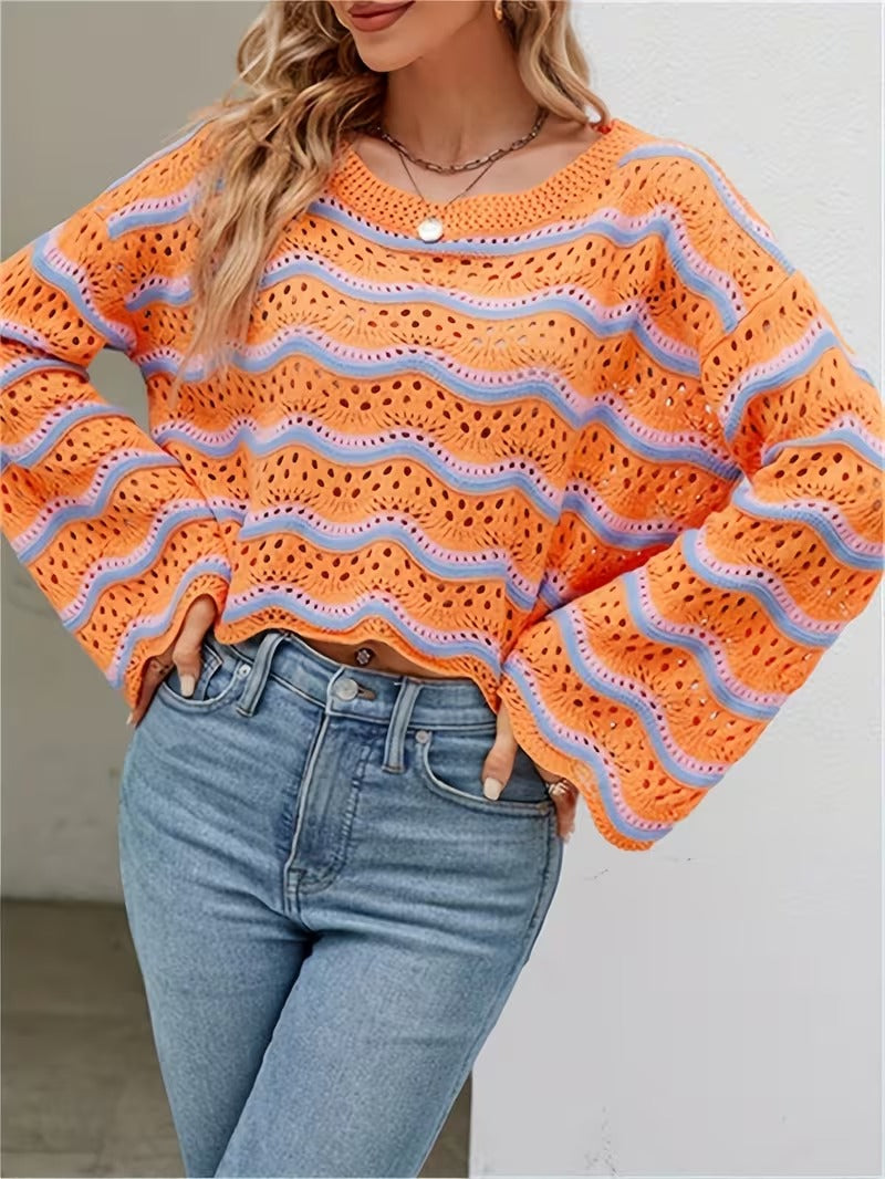 Plus Size, Plus-size Spring/autumn Casual Color-blocked Wave-pattern Flared Sleeve Cropped Sweater ( CR-45)