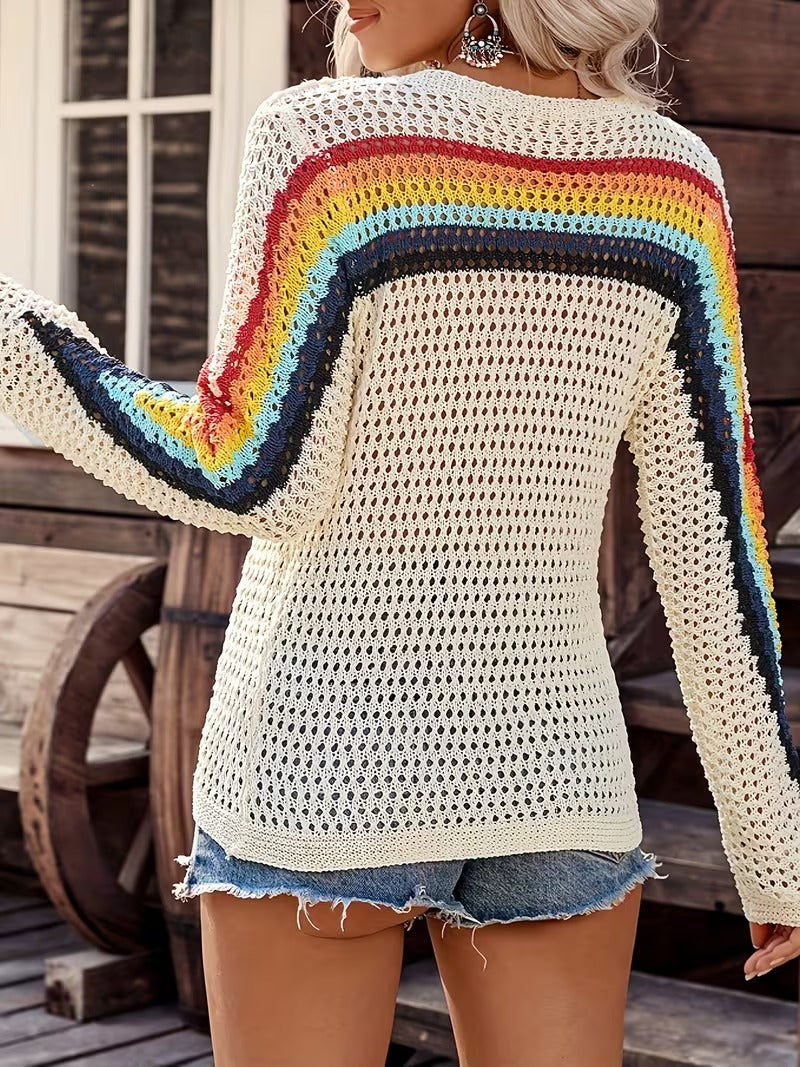 Plus Size - Women'S Rainbow Striped Pullover Hollow Sweater | Long-sleeved Crew Neck Top for Spring/Autumn, Fashionable Daily Wear, Elegant Casual Style, Suitable for Vacation Outings ( CR-39)