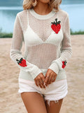 Women's Elegant Strawberry & Leaf Cut-Out Sweater - 100% Acrylic Semi-Sheer Round Neck Long Sleeve Top, Lightweight Stretchy Spring Summer Fall Casual Chic Pullover ( CR-27)