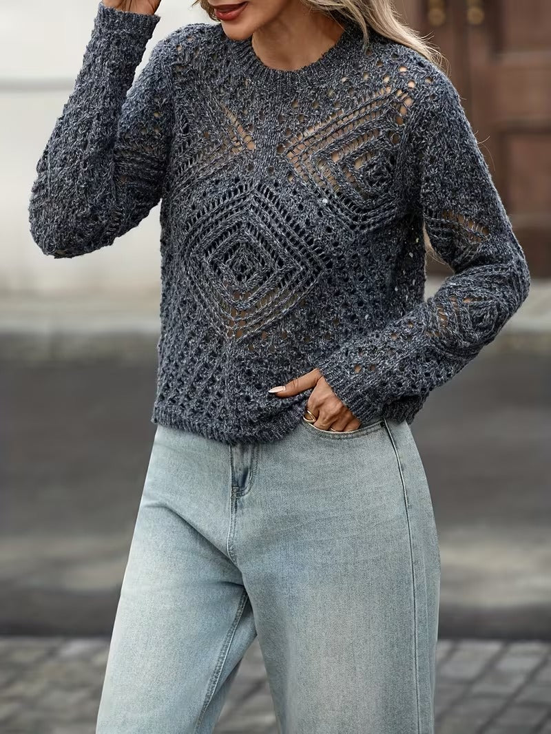 Women's Hollow-Out Pullover Sweater, Casual Elegant Cardigan, Crochet Bohemian Long Sleeve Lightweight Pullover Sweater ( CR-55)
