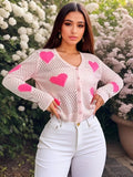Women'S V-Neck Cardigan with Heart Pattern - Casual Vacation Style Hollow Knit Long Sleeve Top, Polyester 100% T-Shaped Short Length Spring/Fall Outerwear ( CR-29)