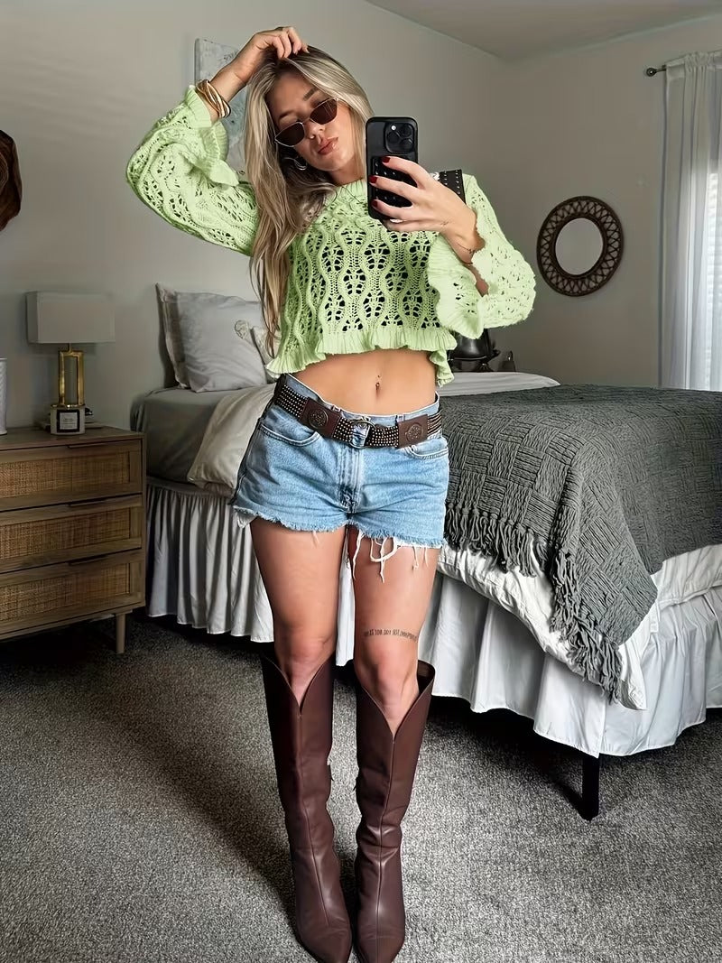 Spring/Summer Style, Instagram-famous Vacation Vibe, Textured Cut-out Patchwork Ruffle-trim Long-sleeve Sheer Top, Beach Bikini Cover-up ( CR-49)