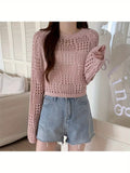 Elegant Pink Crochet Knit Sweater for Women - Long Sleeve, Hollow Out Design, Crew Neck, Perfect for Spring/Summer ( CR-30)