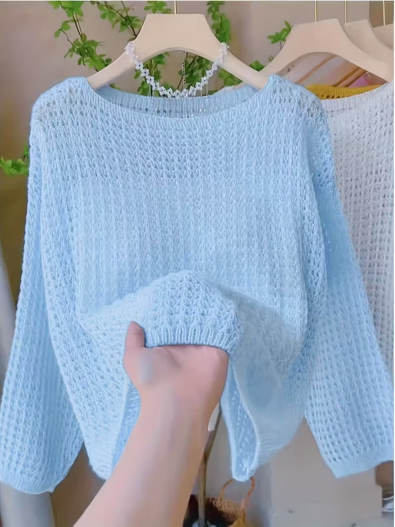Women'S Chic Yellow Crochet Off-Shoulder Top with Long Sleeves - Lightweight Summer Blouse, Round Neck, Perfect for Casual or Stylish Outfits, Casual Chic Wear | Offshoulder Fashion | Crochet Texture ( CR-25)