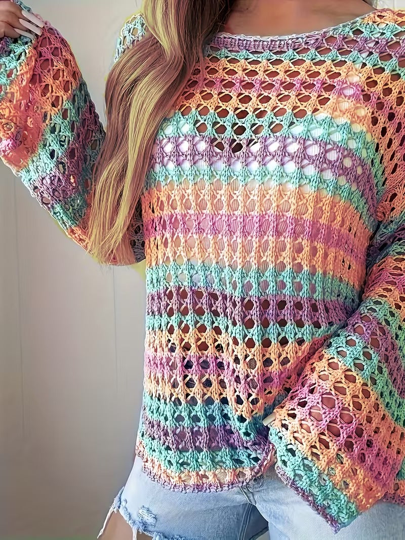 Plus Size Women's Elegant Crochet Pullover - Semi-Sheer Lace Sleeve Round Neck Sweater, Soft Pastel Spring Summer Fashion Top for Casual & Dressy Outfits, Crochet Sweater, Semitransparent Fabric ( CR-22 )