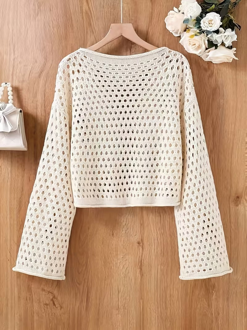 Women's Elegant Semi-Sheer Crochet Sweater - Drop Shoulder Loose Fit Crop Top with Ruffled Edges, Classic Sweater for Ladies, Seasonal Fashion, Offshoulder Design, Crochet Texture ( CR-18 )