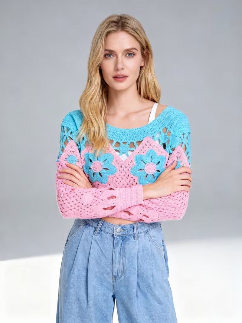Women'S Bohemian Crochet Long Sleeve Top - Pastel Pink & Blue Floral Blouse with 3D Crochet Sleeve Trim, Round Neck Casual Streetwear Shirt for Spring/Fall( CR-16 )