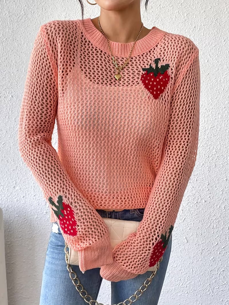 Women's Elegant Strawberry & Leaf Cut-Out Sweater - 100% Acrylic Semi-Sheer Round Neck Long Sleeve Top, Lightweight Stretchy Spring Summer Fall Casual Chic Pullover ( CR-26)