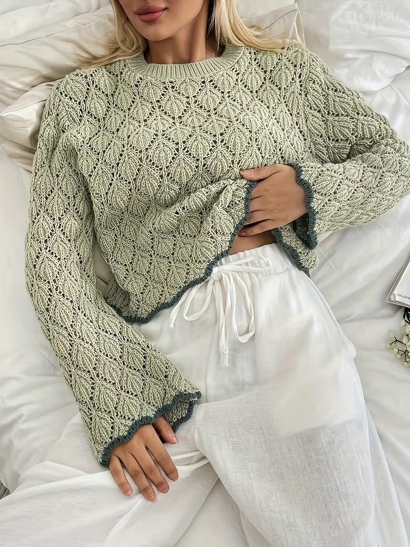 Oversized Fashionable Versatile Hollow-Out Pullover Round Neck Long Sleeve Casual Sweater, Recommend Sizing ( CR-48)