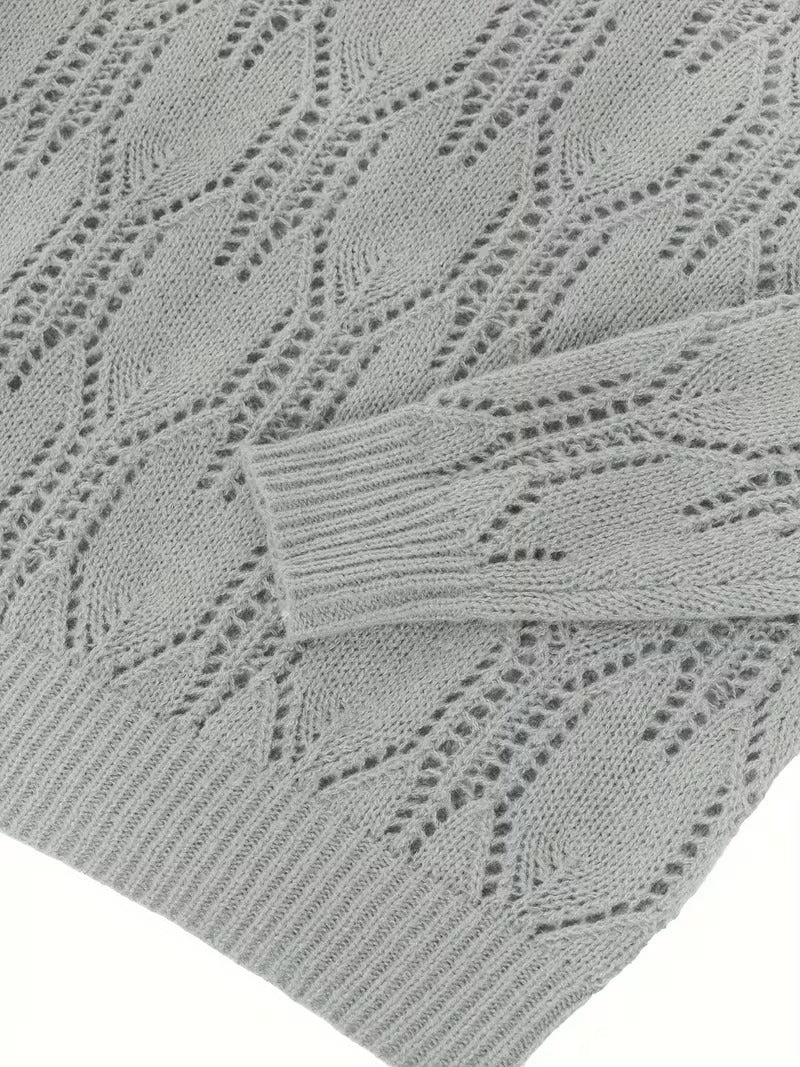 Elegant French-Inspired Hollow Crew Neck Pullover Sweater, Long Sleeve, Knit Polyester Top for Spring/Fall ( CR-54)