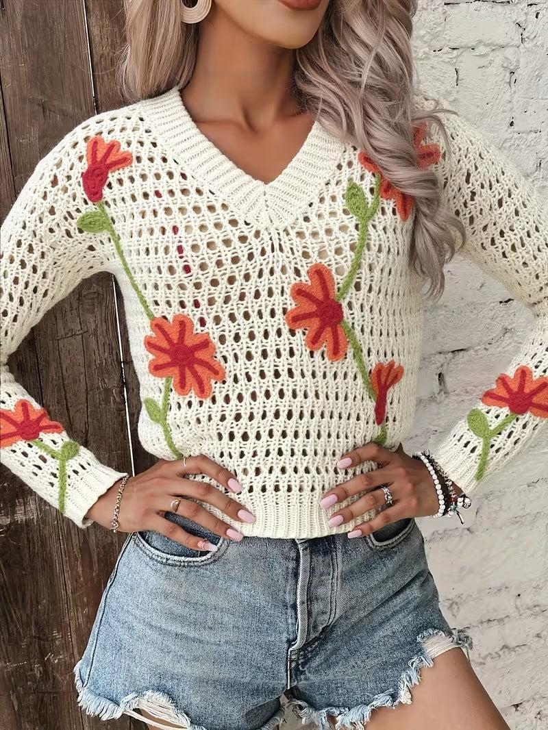 Women'S Elegant V-Neck Sweater with 3D Floral Embroidery - Soft Round Neck Pullover, All-Season Casual & Formal Tops, Machine Washable, Solid Color Design for Everyday, Ladies Sweaters, Decorative Embroidery ( CR-31)