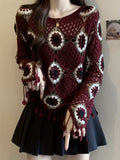 Women's Elegant Vintage Boho Crochet Sweater, Long Sleeve Round Neck Pullover with Tassel Hem & Crochet Pattern ( CR-1 )
