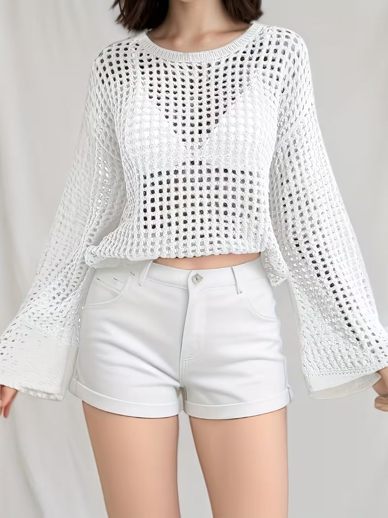 Elegant Hollow-Out Semi-Sheer Full-Sleeve Minimalist Top ( CR-19 )