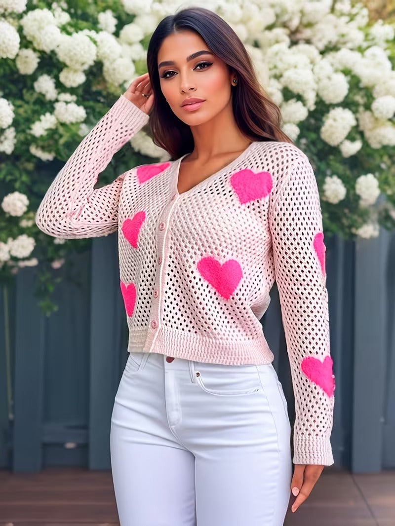 Women'S V-Neck Cardigan with Heart Pattern - Casual Vacation Style Hollow Knit Long Sleeve Top, Polyester 100% T-Shaped Short Length Spring/Fall Outerwear ( CR-29)