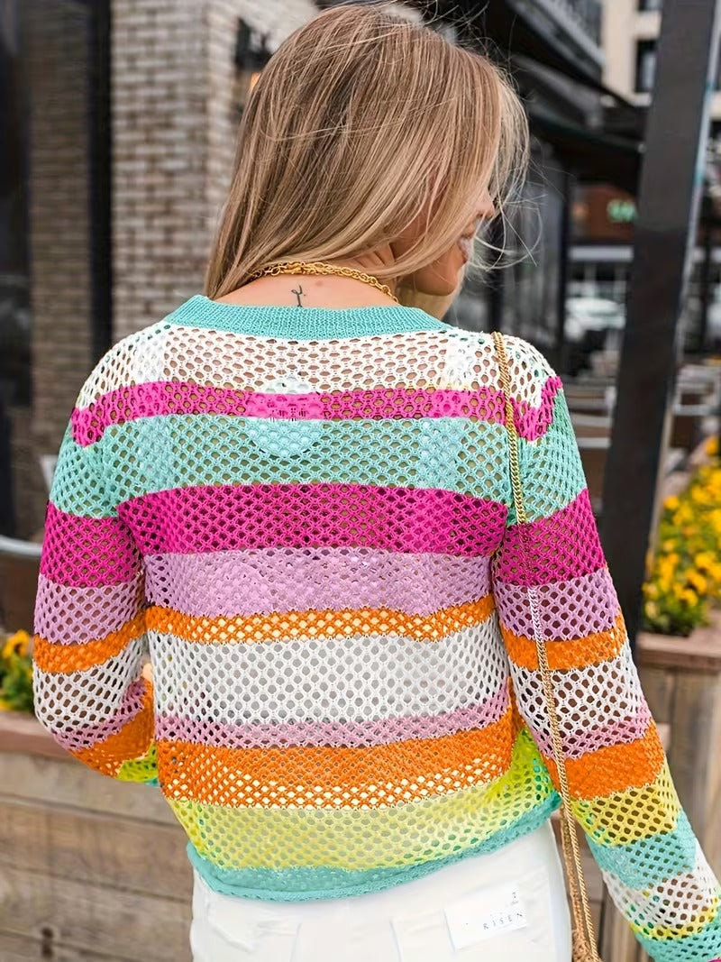 Women's Elegant Striped Semi-Sheer Lace Sweater - Multi-Color Round Neck Pullover, Machine Washable All-Season Top for Casual & Formal Wear, Sweater, Elegant Craftsmanship ( CR-21 )