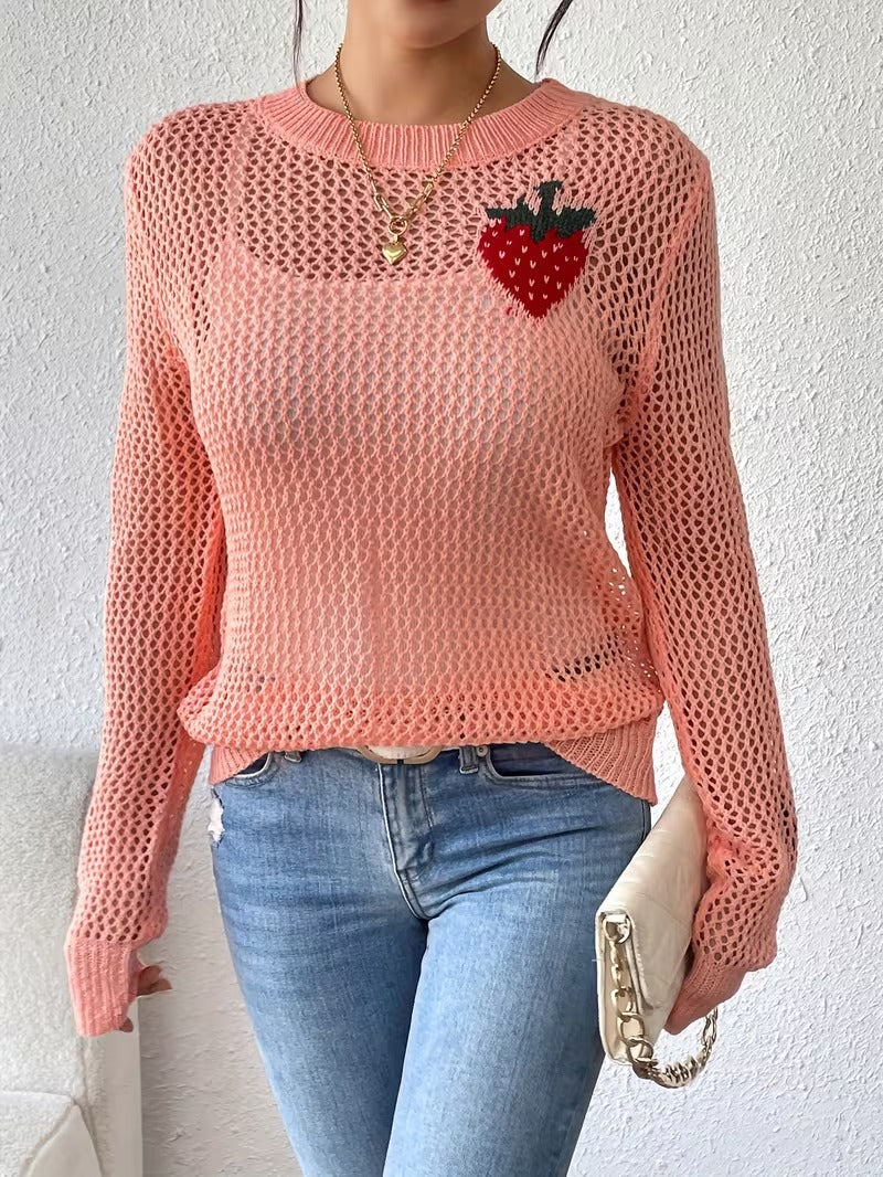 Women's Elegant Strawberry & Leaf Cut-Out Sweater - 100% Acrylic Semi-Sheer Round Neck Long Sleeve Top, Lightweight Stretchy Spring Summer Fall Casual Chic Pullover ( CR-26)