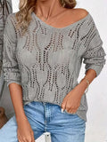 Elegant French-Inspired Hollow Crew Neck Pullover Sweater, Long Sleeve, Knit Polyester Top for Spring/Fall ( CR-54)