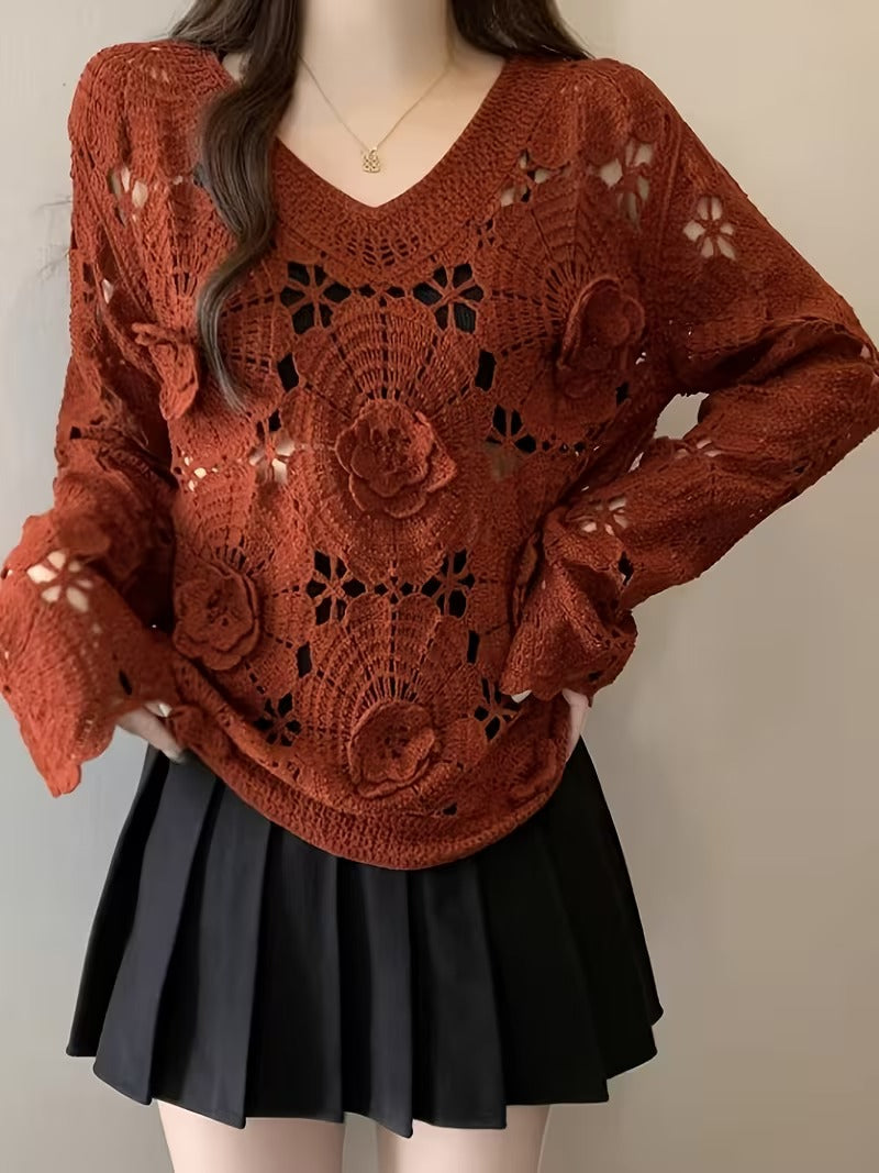 Girl Boho Style Crochet Hollow Out 3D Flower Top, Loose Outerwear for Spring Autumn, Versatile Ted Sweater, for Teenager ( CR-3 )