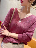 Long Sleeve Thin Batwing V-Neck Crochet Lace Women's Loose Fit Top( CR-7 )