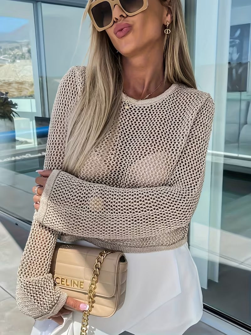 Women's Casual Knit Openwork Smock - Round Neck Semi-Sheer Lightweight Cover-Up, All-Season Layering Piece, Hand Wash/Dry Clean, Solid Color Versatile Top ( CR-37)